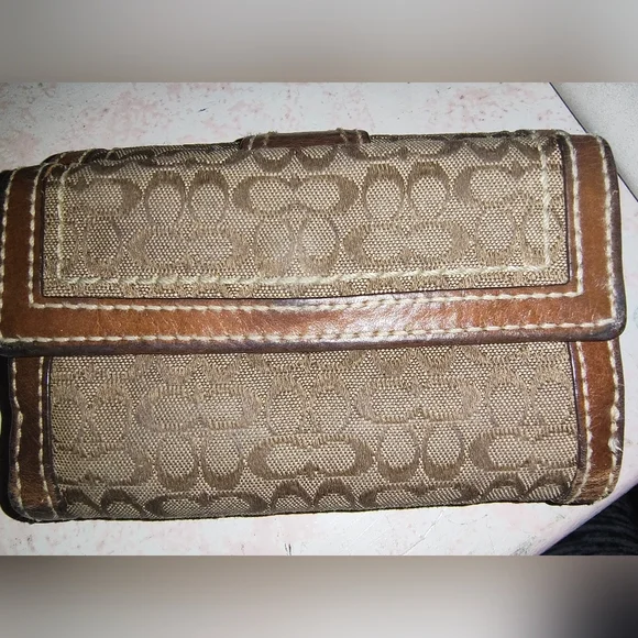 Coach Signature Jacquard Khaki Mini Leather Wallet - Picture 6 of 10